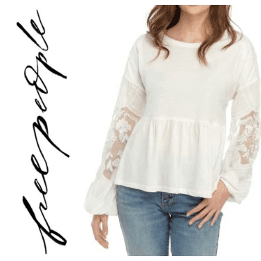 Free People Ivory Embroidered Penny Tee M